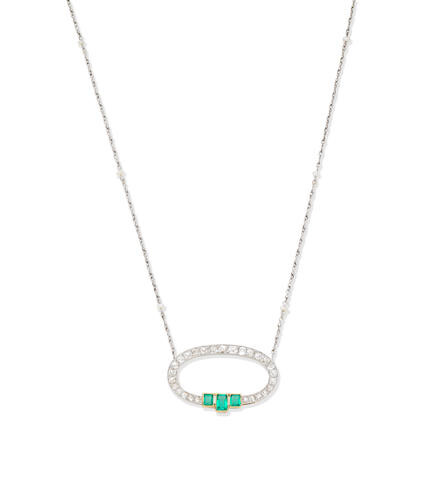 Emerald, diamond and seed pearl necklace
