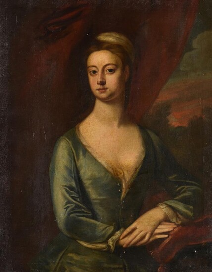 English School (18th century), Portrait of a lady in a blue satin dress