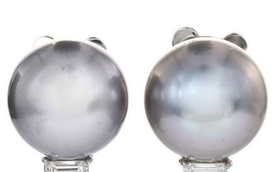 Estate Diamond 14mm Gray South Sea Pearl Platinum Clip-on Stud Earrings