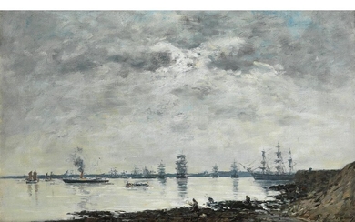 Eugène Boudin, 1824 Honfleur – 1898 Deauville, BREST BATEAUX DANS LA RADE (HAFENBUCHT VON BREST MIT GROSSEN SEGELSCHIFFEN UND EINEM DAMPFER)