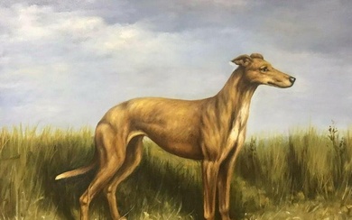 FINE ENGLISH DOG PAINTING - LURCHER STANDING PROUDLY IN LANDSCAPE