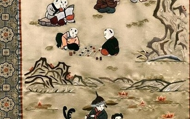 FRAMED CHINESE SILK EMBROIDERY OF CHILDREN PLAYING IN A GARDEN