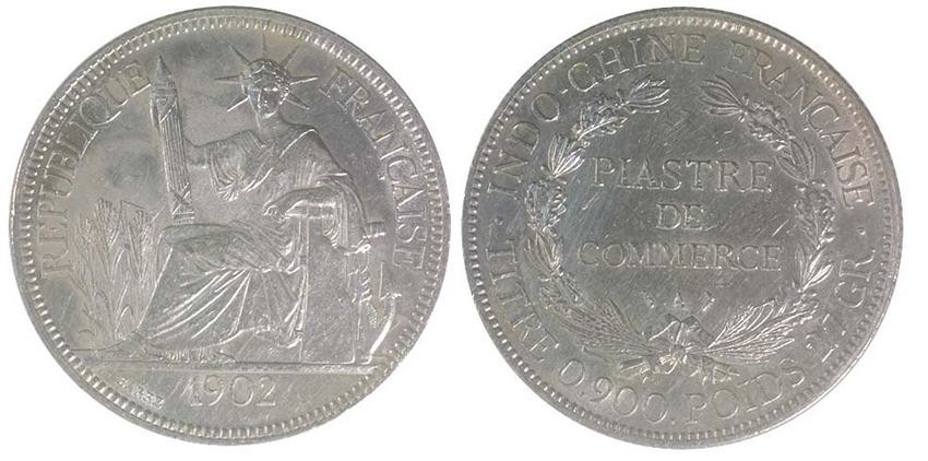 FRENCH INDO-CHINA Silver 1 Piastre 1902 (KM 5a.1) AU
