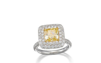Fancy Intense Yellow Diamond and Diamond Ring with GIA