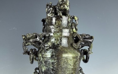 Fine Chinese Nanyang Jade Vase Lidded Carved with Dragons
