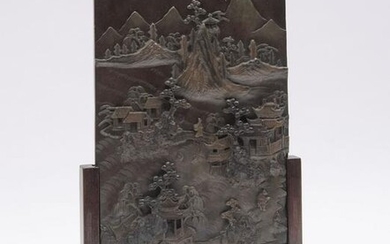 Finely carved Chinese Duan stone plaque mounted as a