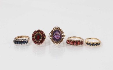 Five gold and gem-set rings to include an 18ct gold sapphire five stone ring 14ct gold sapphire six stone ring and three 9ct gold gem set rings (5)