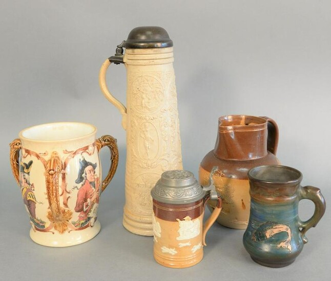 Five piece group to include Mettlach Loving cup, salt