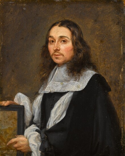 Flemish School, circa 1660 | Portrait of a gentleman, half-length, pointing at a painting, traditionally said to be Gonzales Coques