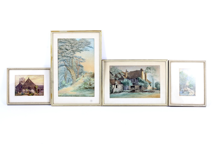 Four 19th Century watercolours. Comprising: a view of a small hut in a wooded landscape, framed, 21.5cm x 34cm, a smaller view of a bridge in wooded landscape, another of a house and the fourth of a figure in a churchyard, perhaps in Cornwall (4)