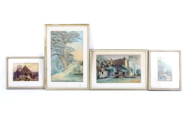 Four 19th Century watercolours. Comprising: a view of a small hut in a wooded landscape, framed, 21.5cm x 34cm, a smaller view of a bridge in wooded landscape, another of a house and the fourth of a figure in a churchyard, perhaps in Cornwall (4)