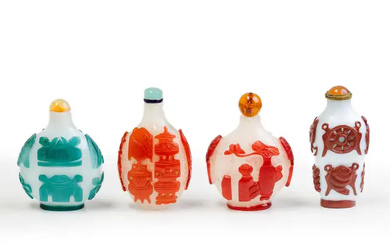 Four Chinese overlay glass 'hundred antiques' and 'Buddhist Emblems' snuff bottles Qing...