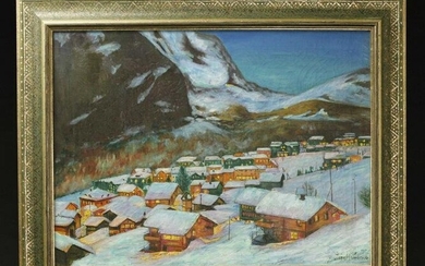 Framed oil on canvas, signed"Twilight Moerren Switzerland 1956"