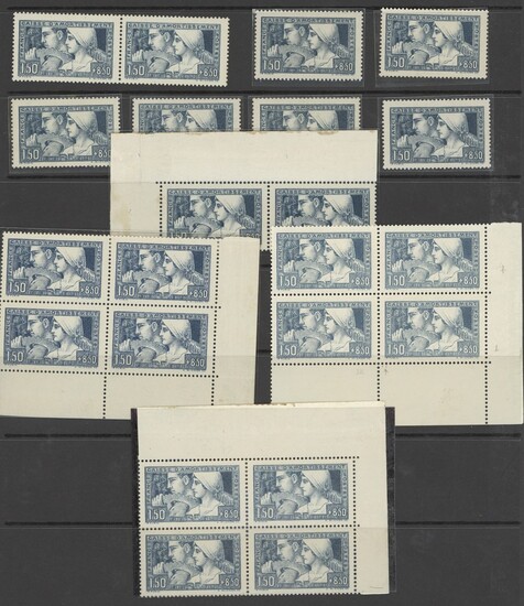 France 1928 Sinking Fund 1f. 50 + 8f. 50 blue, twenty-two examples, including a pair and three...