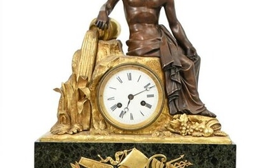 French Empire Bronze & Marble Mantel Clock with Neptune