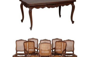 French Louis XV Style Carved Walnut Dining Set, 20th c., Table- H.- 29 1/2 in., W.- Closed 59 in.