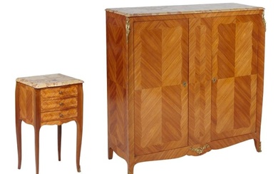 French Louis XV Style Marble Top Parquetry Cherry Wardrobe and Nightstand, 20th c., consisting of an