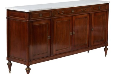 French Louis XVI Style Marble Top Sideboard, 20th c., H.- 42 1/4 in., W.- 86 in., D.- 20 in.
