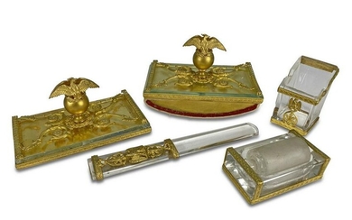 French Napoleon bronze & glass desk set
