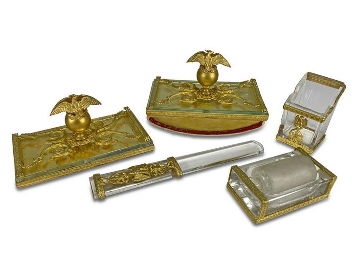 French Napoleon bronze & glass desk set