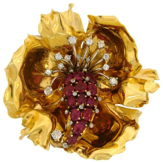 French Ruby Diamond Yellow Gold Flower Brooch Pin Clip