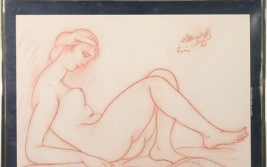 French School Conte Drawing of a Reclining Nude, L. Mouradoff, Dated 1967, Paris