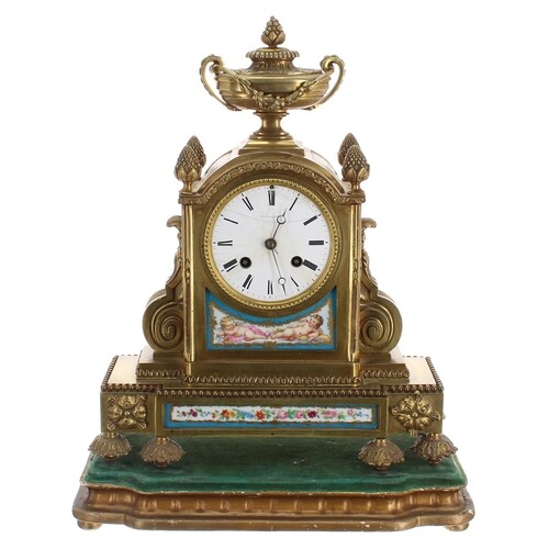 French ormolu and porcelain mounted two train mantel clock, ...