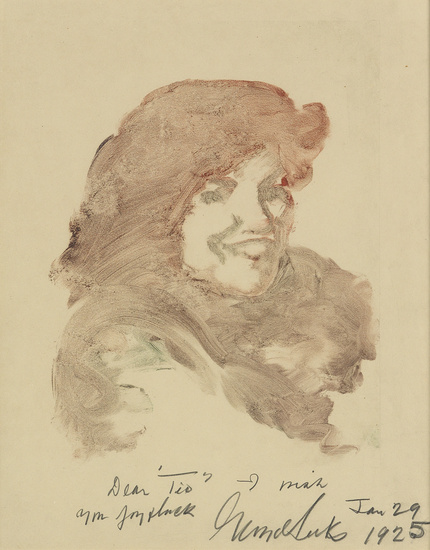 GEORGE LUKS Study of a Smiling Woman. Color monotype on paper, circa 1925....
