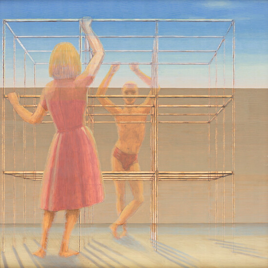 GEORGE TOOKER Untitled (Young Man Facing a Woman). Egg tempera and ink on...