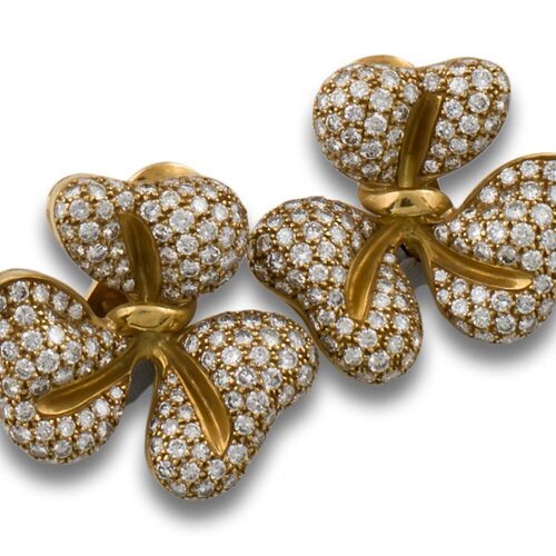 "GOLD DIAMOND TREBLE EARRINGS "18kt yellow gold three-leaf clover earrings,...