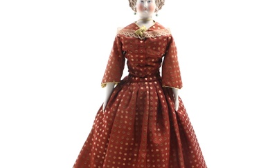 German Parian Lady Doll with Cafe au Lait Hair and Molded Flower Decoration