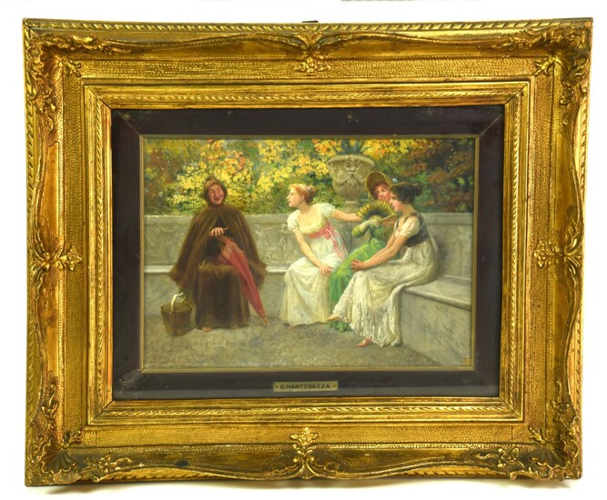 Giacomo Mantegazza (1853 - 1920) CONVERSAZIONE IN GIARDINO olio su tela, cm...