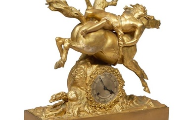 Gilt and Patinated Bronze and Marble Mantel Clock, 19th c., H.- 26 in., W.- 20 in., D.- 6 7/8 in.