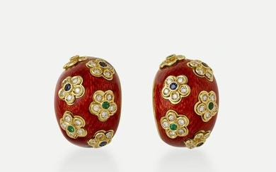 Giovane, Diamond, gem, enamel, and gold floral earrings