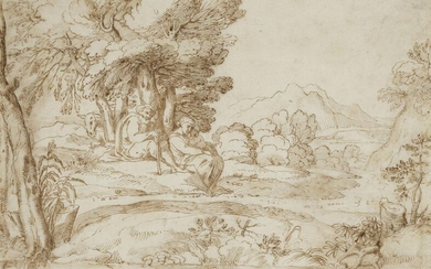 Giovanni Francesco Grimaldi, called il Bolognese, Italian 1606-1680- The rest on the flight into Egypt; black chalk, pen and brown ink on laid paper, 19 x 26.6 cm. Provenance: Anon. sale, Christie's, London, 29 November 1977, lot 59.; with Thomas...