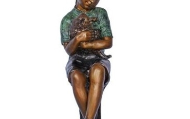 Girl Sitting on A Log with Her Cat Bronze Statue