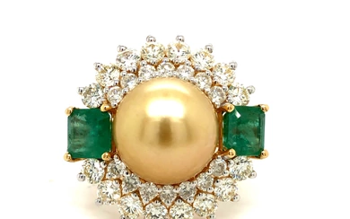 Golden South Sea Pearl, Emerald and Diamond Ring
