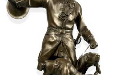 Grande scultura in bronzo brunito dopo Moreau ''Cacciatore con levrieri...