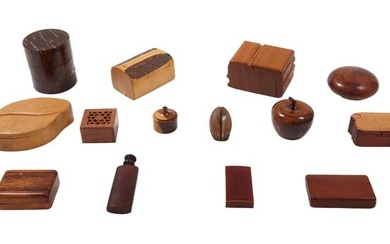 Group of Fourteen Wood Boxes, 20th c., Hinged- H.- 5 5/8 in., W.- 3 3/4 in., D.- 3 3/4 in. (14 Pcs.)