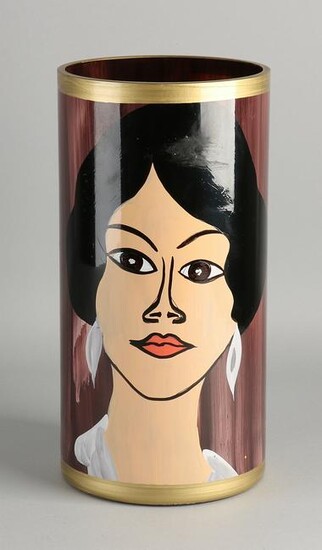 Hand painted glass vase with face.&#160 20th