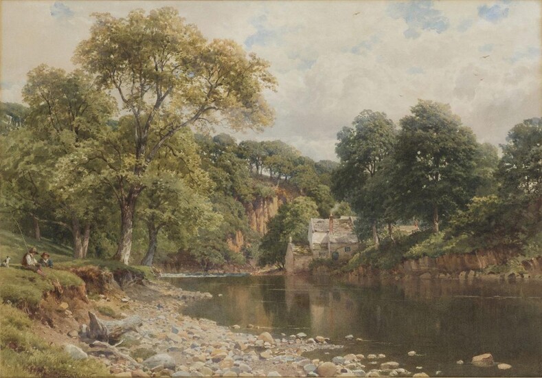 Harry Sutton Palmer, RI, British 1854-1933- River landscape with two boys on a bank; pencil and watercolour on paper, signed 'Sutton Palmer.' (lower left), 41.5 x 60 cm. Provenance: With Richard Green, London [no.R1325].