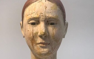 Head of a processional mannequin featuring a polychrome wooden Madonna with enamelled glass eyes.