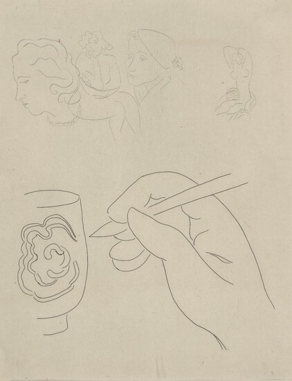 Henri Matisse, French, 1869-1954; Untitled, from Poesies, 1932; etching in black and white on Japanese wove, inscribed page 35 in pencil on the reverse, edition of 145, sheet: 33 x 25 cm, (framed) (ARR) Note: Poesies was published by Stephane...