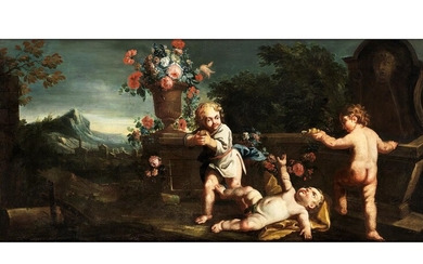 Holländischer Maler des 18. Jahrhunderts, SPIELENDE PUTTI MIT BRUNNEN IN LANDSCHAFT
