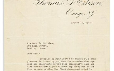 (INVENTORS.) EDISON, THOMAS A. Typed Letter Signed, to