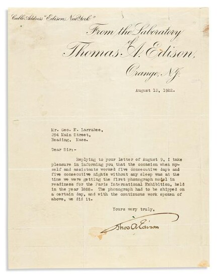 (INVENTORS.) EDISON, THOMAS A. Typed Letter Signed, to