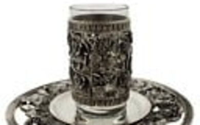 ITALIAN 925 STERLING SILVER & GLASS INSERT HANDMADE HEAVY OPEN FLORAL CUP & TRAY