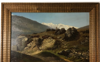 Ignoto "Valtellina, Bormio" olio su cartone pressato (cm 37.5x58) Al retro: iscrizione. In cornice