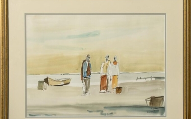 Illegibly Signed "Figures at Shore" Watercolor