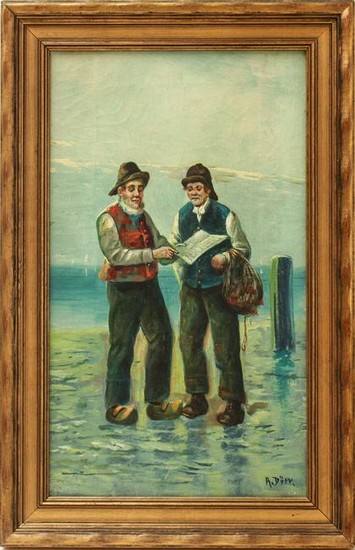 Illegibly Signed "Two Gentlemen" Oil on Canvas